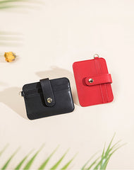 Cute Women Red Leather Card Holder Slim Card Wallet Slim Card Holder with Keychain Ring Credit Card Holder For Women