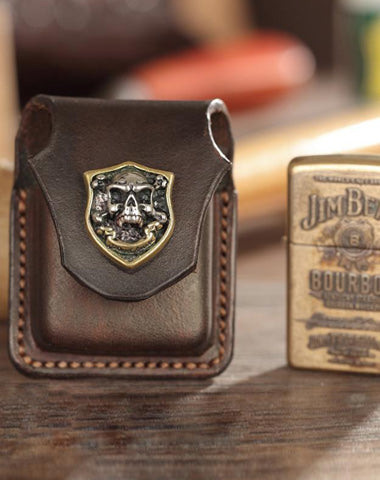 Dark Brown Handmade Leather Mens Armor Zippo Lighter Cases With Belt Loop Zippo Armor Lighter Holders For Men