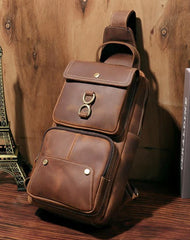 Brown Leather Men's Sling Bag Brown Sling Pack Chest Bags One Shoulder Backpack For Men