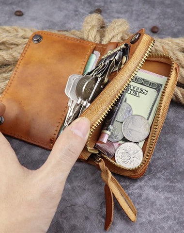 Brown Leather Key Case Key Wallet Men's Dark Coffee Key Holder Red Card Holder For Men
