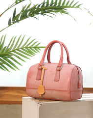 Vintage Womens Waxed Leather Beige Boston Handbags Purse Small Beige Side Boston Bag Purse for Women