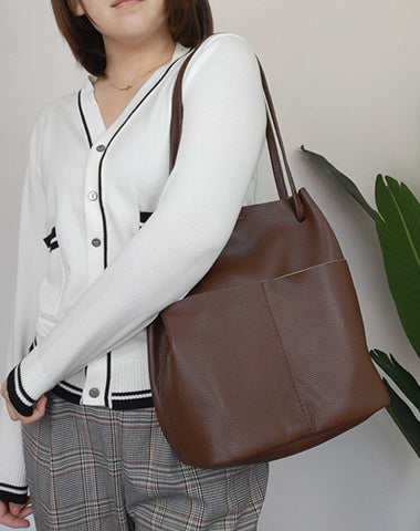 Fashion Womens Khaki Leather Tote Bag Vertical Coffee Shoulder Tote Bag Bucket Tote For Women