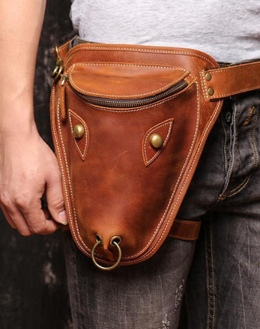 Retro Brown MENS LEATHER FANNY PACK FOR MEN Dark Coffee Ox Head BUMBAG Vintage WAIST BAGS