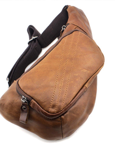 Brown Leather Men's Sling Bags Chest Bags Badass Brown One shoulder Backpack Sling Bag For Men