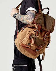 Khaki Canvas Leather Mens Large Backpack School Backpack Canvas Travel Backpack For Men