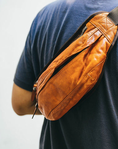 Cool Light Brown Leather Men Chest Bag Waist Bags Tan Fanny Pack Black Hip Bag Bum Pack For Men