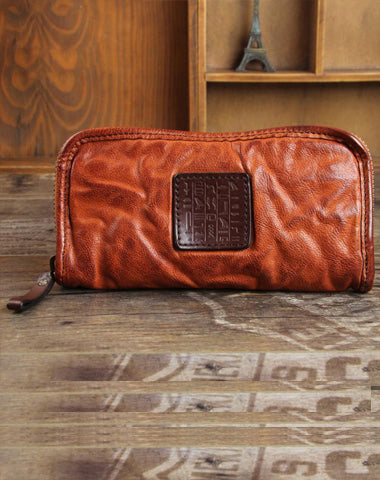 Handmade Genuine Leather Mens Cool Long Leather Wallet Zipper Clutch Wristlet Wallet for Men