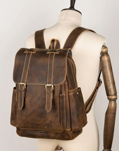 Dark Brown Fashion Mens Leather 15-inch Brown Computer Backpacks Brown Travel Backpacks School Backpacks for men