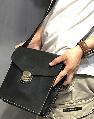 Business Black Leather Mens 10 inches Square Side Bag Messenger Bag Tan Postman Bag Courier Bag for Men