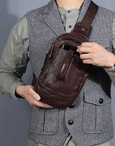 Casual Tan Leather Mens Chest Bag Sling Bag Coffee Crossbody Pack One Shoulder Backpack for Men