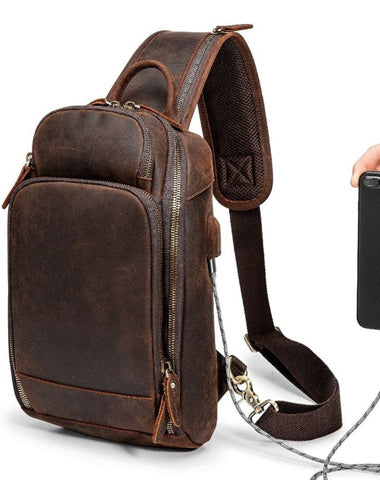 Badass Dark Brown Leather Men's Sling Bag Chest Bag Vintage One shoulder Backpack For Men