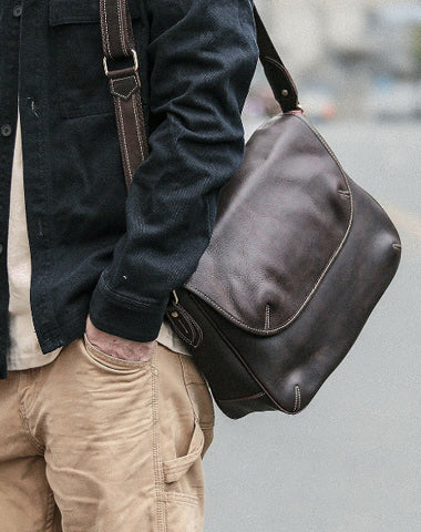 Black Leather Mens Casual 10'' Courier Bags Messenger Bags Dark Coffee Gray Postman Bag For Men