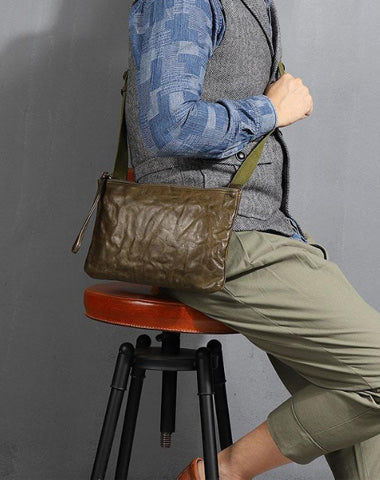 Casual Green Leather Mens Small Side Bag Messenger Bag Brown Post Bag Courier Bags for Men
