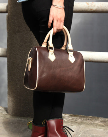 Fashion Womens Coffee Leather Small Boston Handbag Best Coffee Leather Boston Purse Side Bag