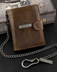 Brown Leather Men's Trifold Small Biker Wallet Chain Wallets Badass Wallet with chain For Men