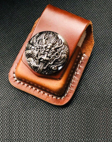 Brown Handmade Leather Mens Chinese Dragon Zippo Lighter Holders Lighter Case For Men