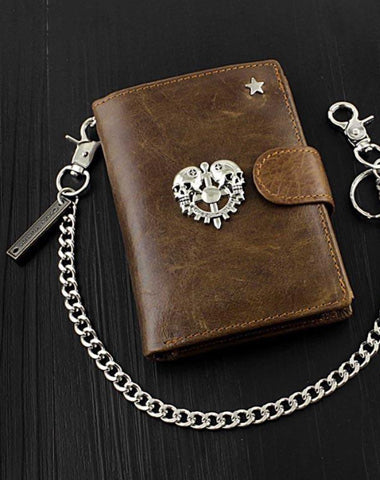 Cool Leather Men's Trifold Punk Ghost Head Skull Biker Wallet Brown Chain Wallets Wallet with chain For Men
