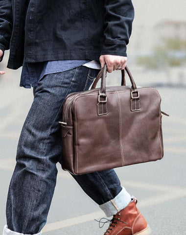 Vintage Brown Mens Leather Briefcase Work Handbag Dark Coffee 14'' Computer Briefcase For Men