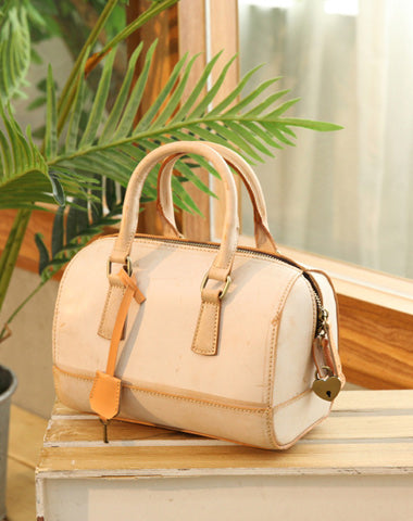 Vintage Womens Waxed Leather Beige Boston Handbags Purse Small Beige Side Boston Bag Purse for Women