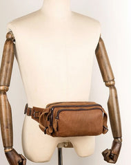 Khaki Leather Mens Fanny Pack Brown Waist Bag Hip Pack Belt Bags Bumbag for Men