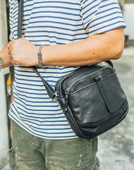 Cool Black Leather Men Small Square Side Bags Tan Fashion Messenger Bag Postman Bag For Men