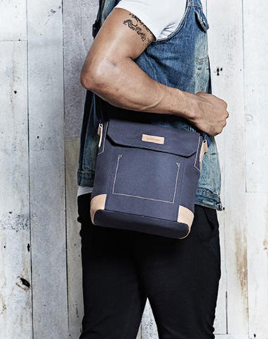 Canvas Leather Mens Vertical Side Bag Small Messenger Bags Khaki Canvas Courier Bags for Men