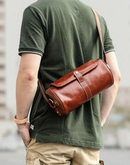 Brown Leather Mens Casual Bucket Shoulder Bag Barrel Messenger Bags Postman Bag For Men