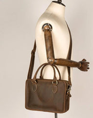 Vintage Dark Brown Leather Small Mens Briefcase Cool Work Bag Messenger Bags for Men