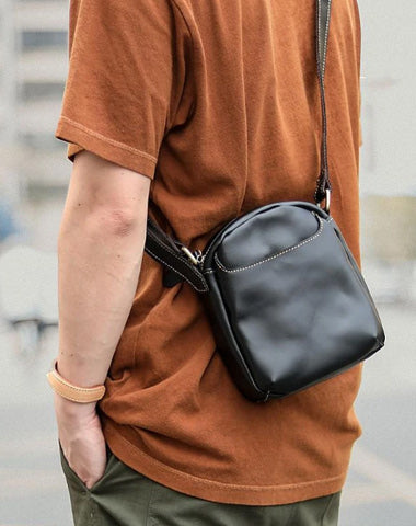 Black Leather Mens Casual Mini Phone Bags Messenger Bags Amber Postman Bag For Men