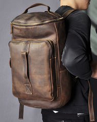 Vintage Mens Leather Barrel Backpack Barrel Travel Backpack Tan School Backpack For Men