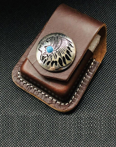Coffee Handmade Leather Mens Indian Zippo Lighter Holders Lighter Case For Men