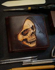 Handmade Leather Skull Tooled Mens Billfold Wallet Death Leather Wallet Slim Wallet for Men