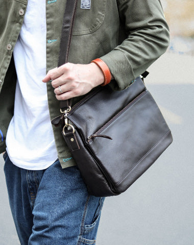 Casual Black Leather Mens Courier Bags Messenger Bags Brown Postman Bags For Men