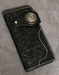 Badass Black Handmade Leather Men's Long Biker Wallet Bifold Tooled Long Wallet For Men