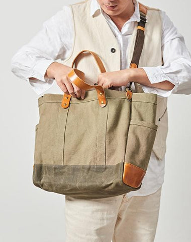 Canvas Leather Mens 14 inches Green Tote Messenger Bags Canvas Handbag Canvas Shoulder Tote for Men Women