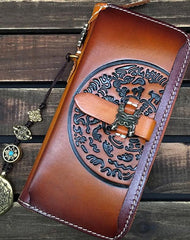 Brown Handmade Tibet Tooled Leather Long Biker Wallet Black Chain Wallet Clutch Wallet For Men