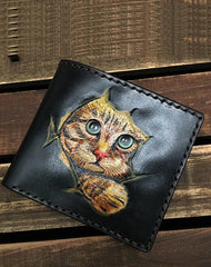 Handmade Black Tooled Leather Kitten Wolf Bifold billfold Wallet Small Wallet For Men