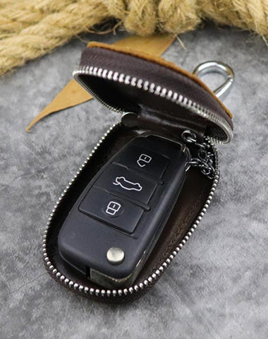 Brown Leather Men's Car Key and Oval Wallet Zipper Car Key Case Car Holder For Men
