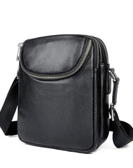 Black Leather 8 inches Small Side Bag Vertical Courier Bag Messenger Bag For Men