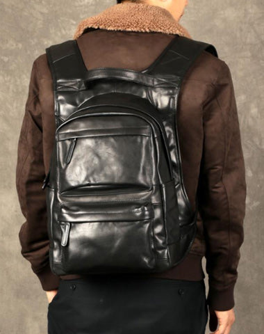 Fashion Leather Men's 15 inches Computer Backpack Black Large Travel Backpack Coffee Large College Backpack For Men