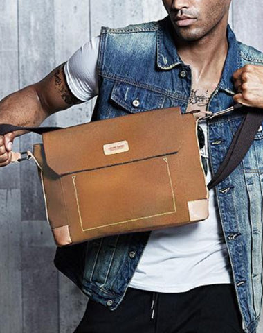Canvas Leather Mens Khaki Side Bag Messenger Bag Khaki Canvas Courier Bag for Men