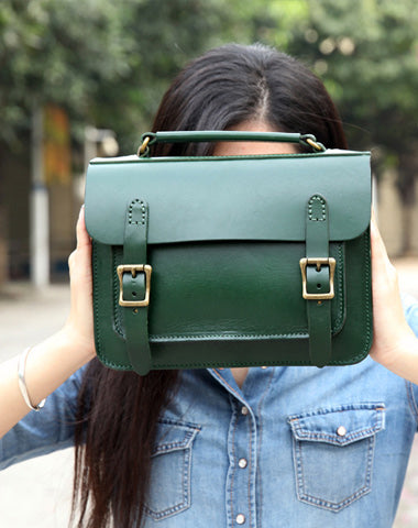 Handmade Womens Green Leather Satchel Shoulder Bag