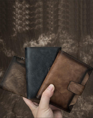 Handmade Leather Brown Men's Zipper Small billfold Wallet Bifold Wallet Card Wallet For Men
