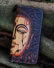 Handmade Tooled Buddha Leather Biker Chain Wallet Mens Long Wallet with Chain for Men