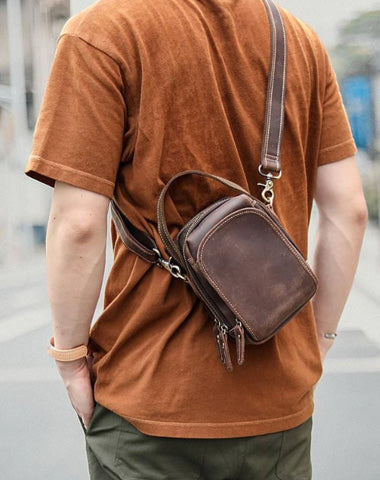 Dark Brown Leather Mens Casual Mini Courier Bag Messenger Bags Belt Bag Belt Pouch For Men