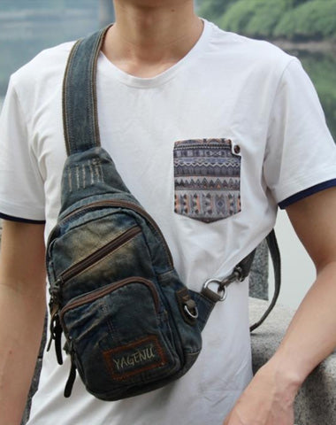 Fashion Jean Blue Mens Sling Bag Chest Bags Denim Sling Pack One Shoulder Backpacks For Men