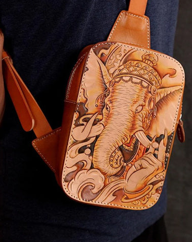 Handmade Beige Ganesha Tooled Leather Sling Bag Chest Bag One Shoulder Backpack For Men