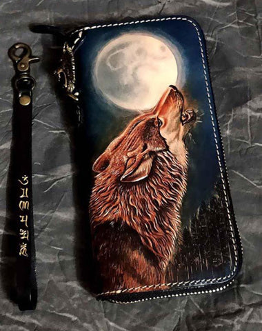 Badass Black Leather Men's Long Biker Wallet Wolf Handmade Tooled Zipper Long Wallets For Men