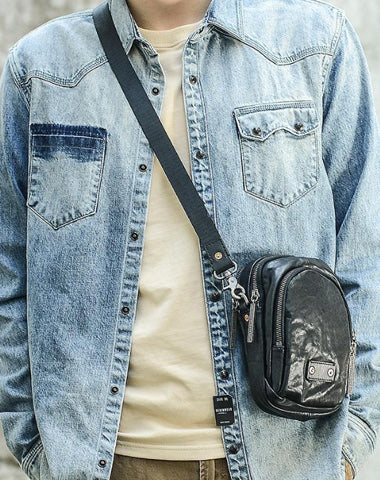 CASUAL BLACK LEATHER MEN'S MIni Vertical Side Bags MESSENGER BAG BLACK Belt Bag Blet Pouch FOR MEN