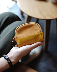 Vintage Women Tan Leather Zip Coin Pouch with Keyring Coin Wallet Change Wallet For Women